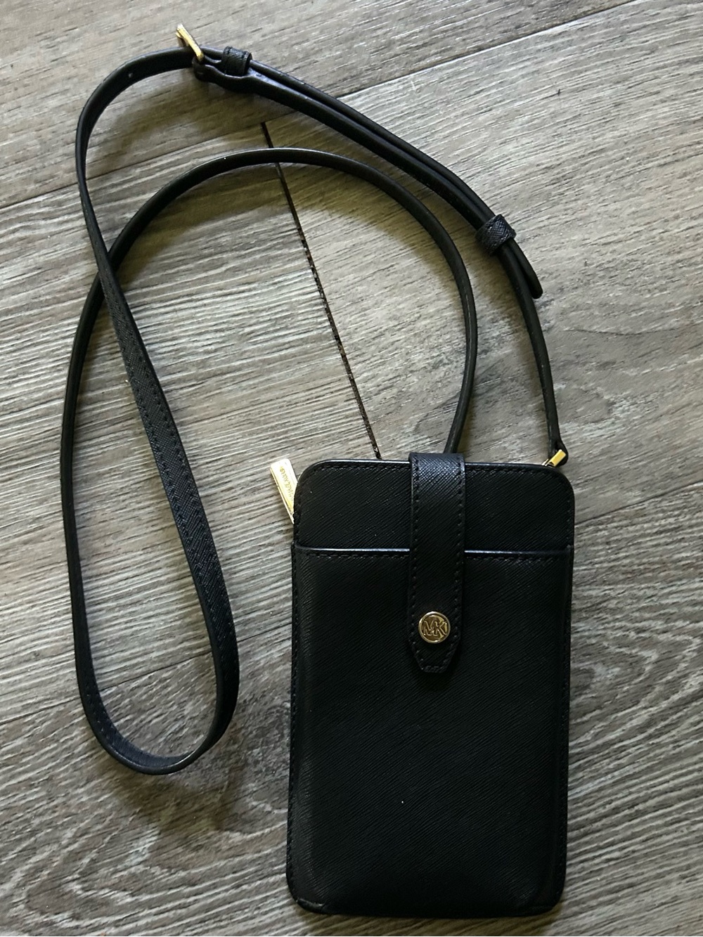 Michael Kors Black Leather Crossbody Phone Pouch with Gold Accents